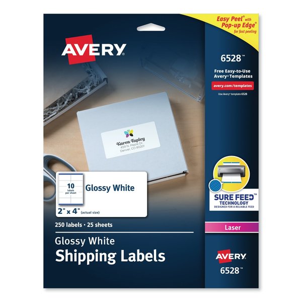 Avery Glossy White Easy Peel Mailing Labels w/Sure Feed, Laser, 2x4, PK250 06528